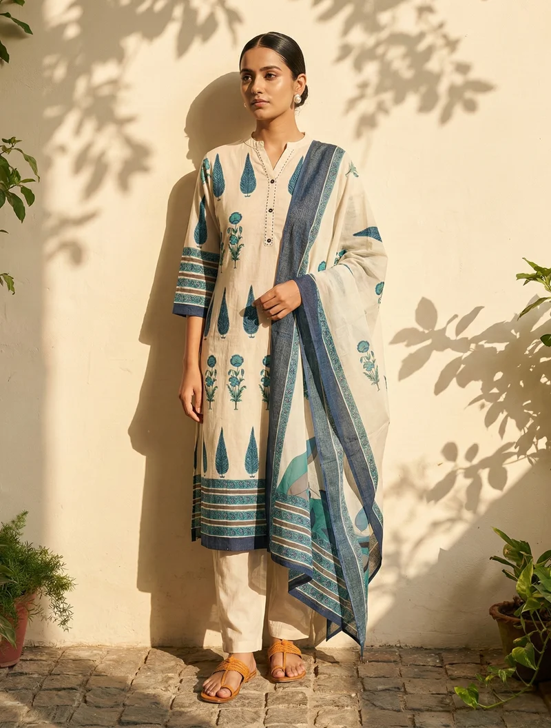 ترو برونز trueBrowns Ivory Blue Printed Kurta Pant Dupatta Set